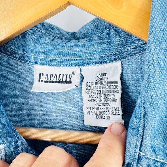 Vintage Capacity Denim Midi Dress Embroidered Floral Western Size Large Cottage - Picture 9 of 11